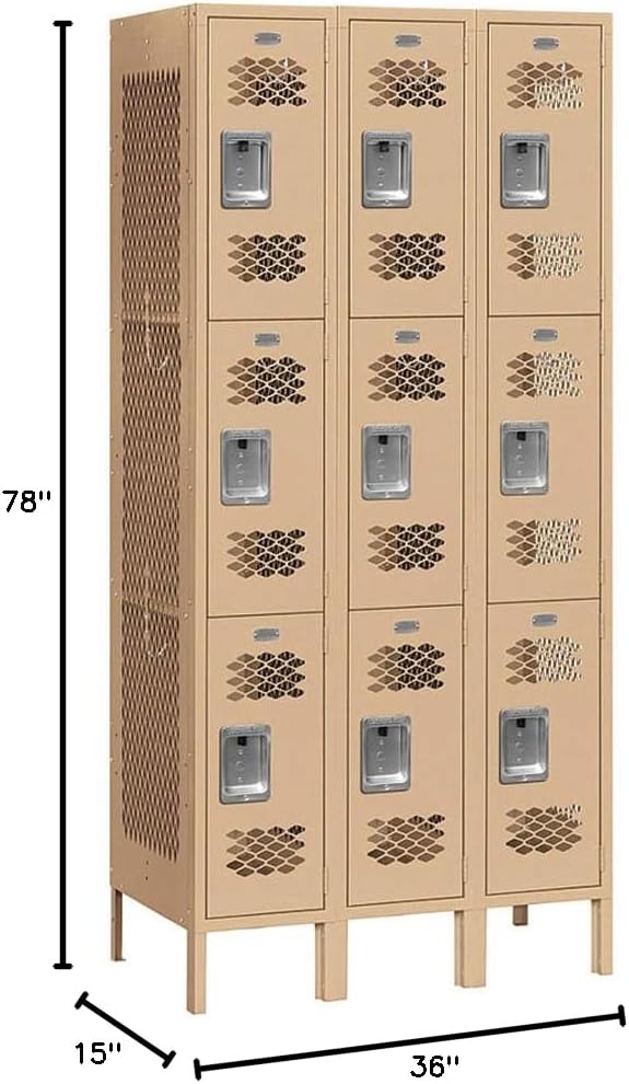 Salsbury Industries Assembled 3-Tier Vented Metal Locker with Three Wide Storage Units, 6-Feet High by 15-Inch Deep, Tan