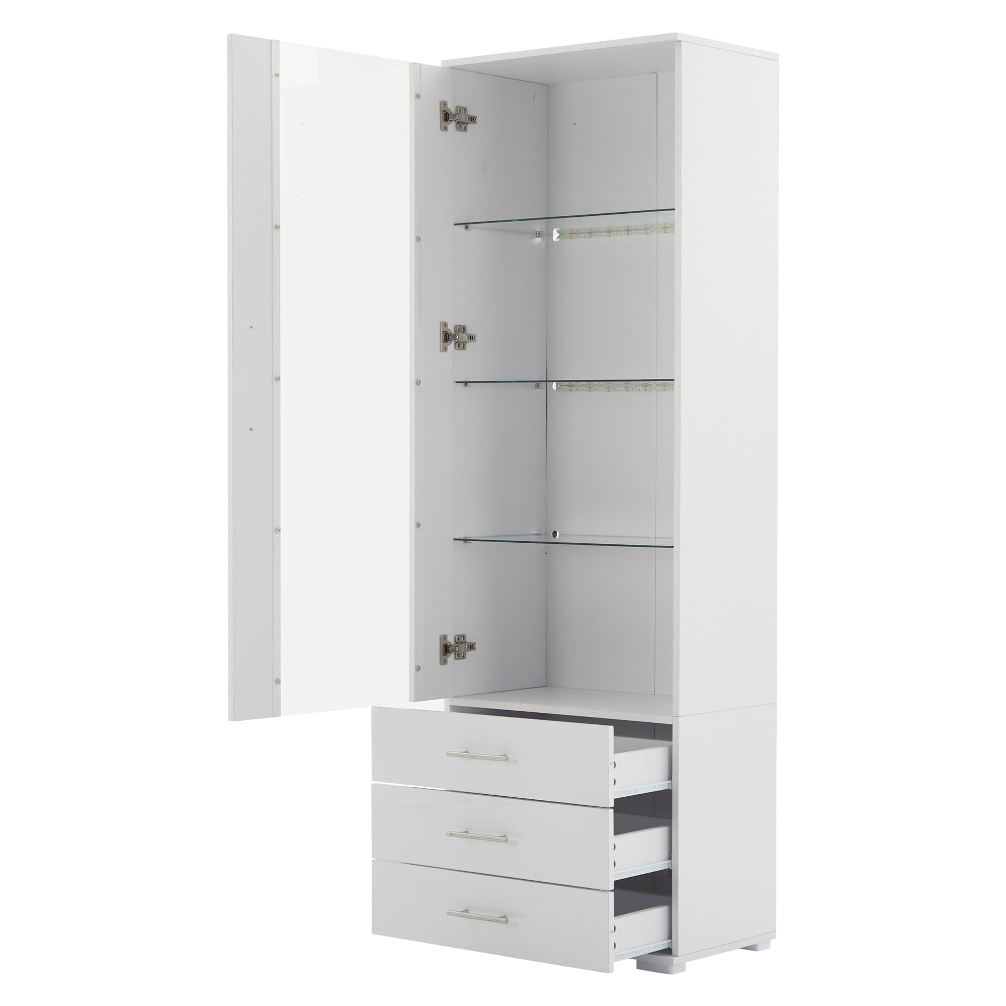 Vetrina in vetro bianco lucido, vetrina con illuminazione a LED, vetrina verticale con 3 cassetti, 60 x 35 x 180 cm
