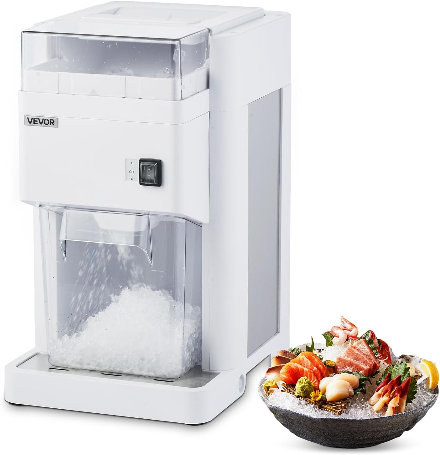 VEVOR Commercial Ice Shaver Machine, 1.91QT /1.8L Large Electric Ice Cube Crusher Shaved Maker with 300W Premium Motor, Stainless Steel Blades, for Bar Mixing Seafood Preservation Home Party, White