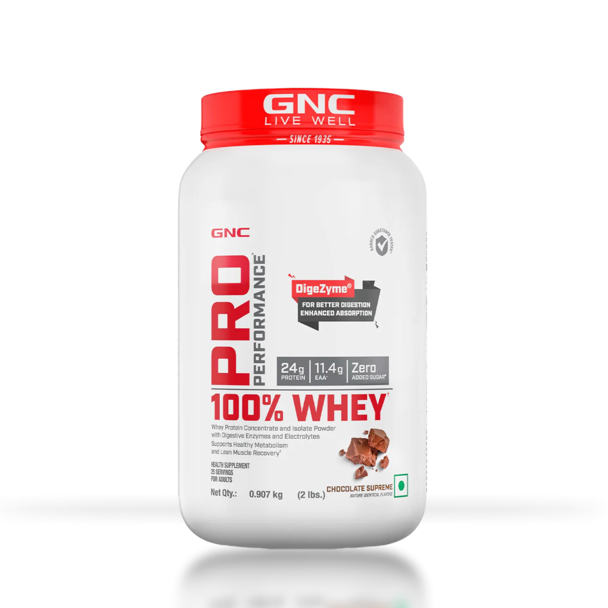 GNC Pro Performance 100% Whey Protein | 2 lbs | Muscle Growth | Muscle Recovery | DigeZyme® For Easy Digestion | Informed Choice Certified | 24g Protein | 5.5g BCAA | Chocolate Supreme | 907gm