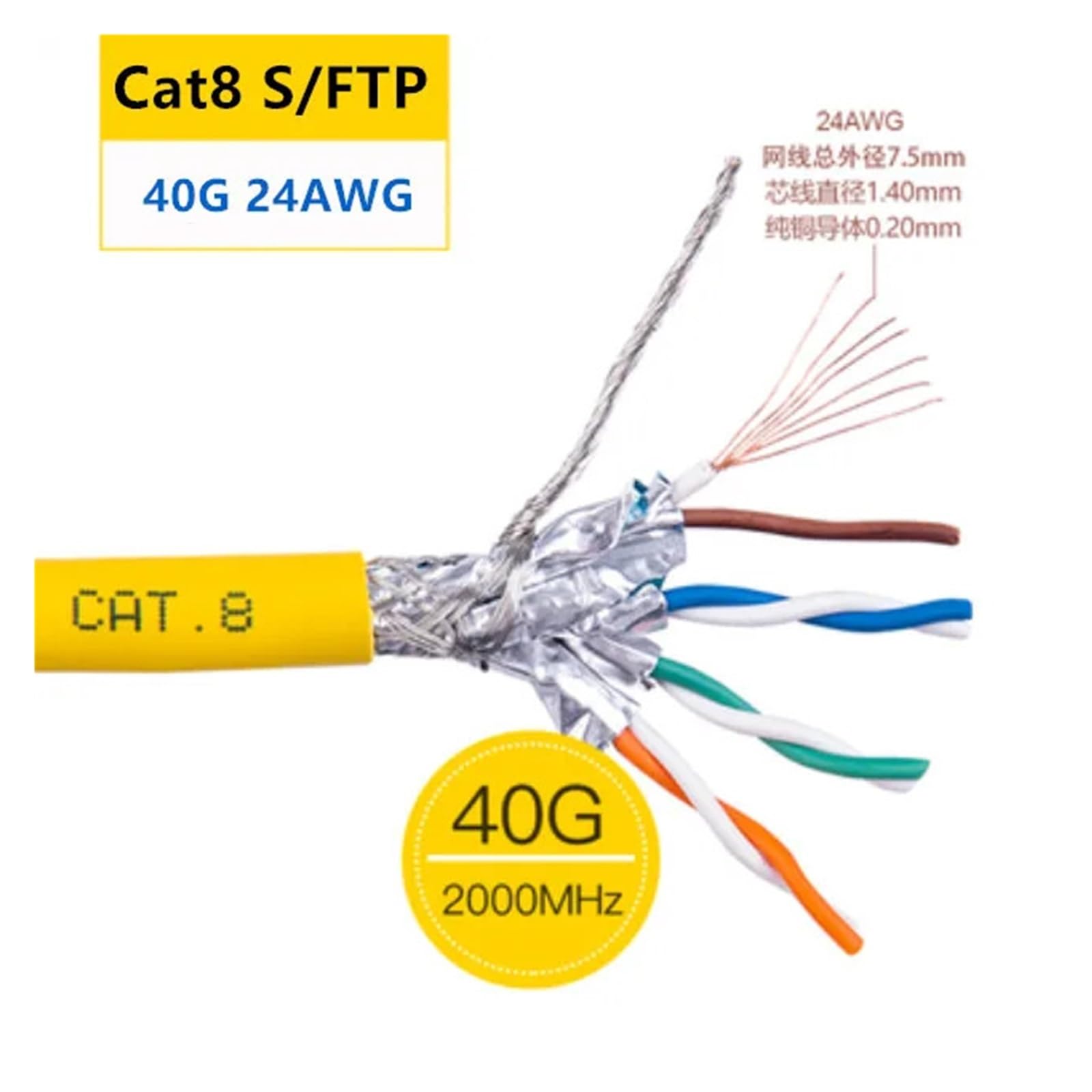 Câble Ethernet haute vitesse SFTP RJ45 Cat8 40 Gbit/s à double blindage, 20 m(200m,Cat8 24AWG)