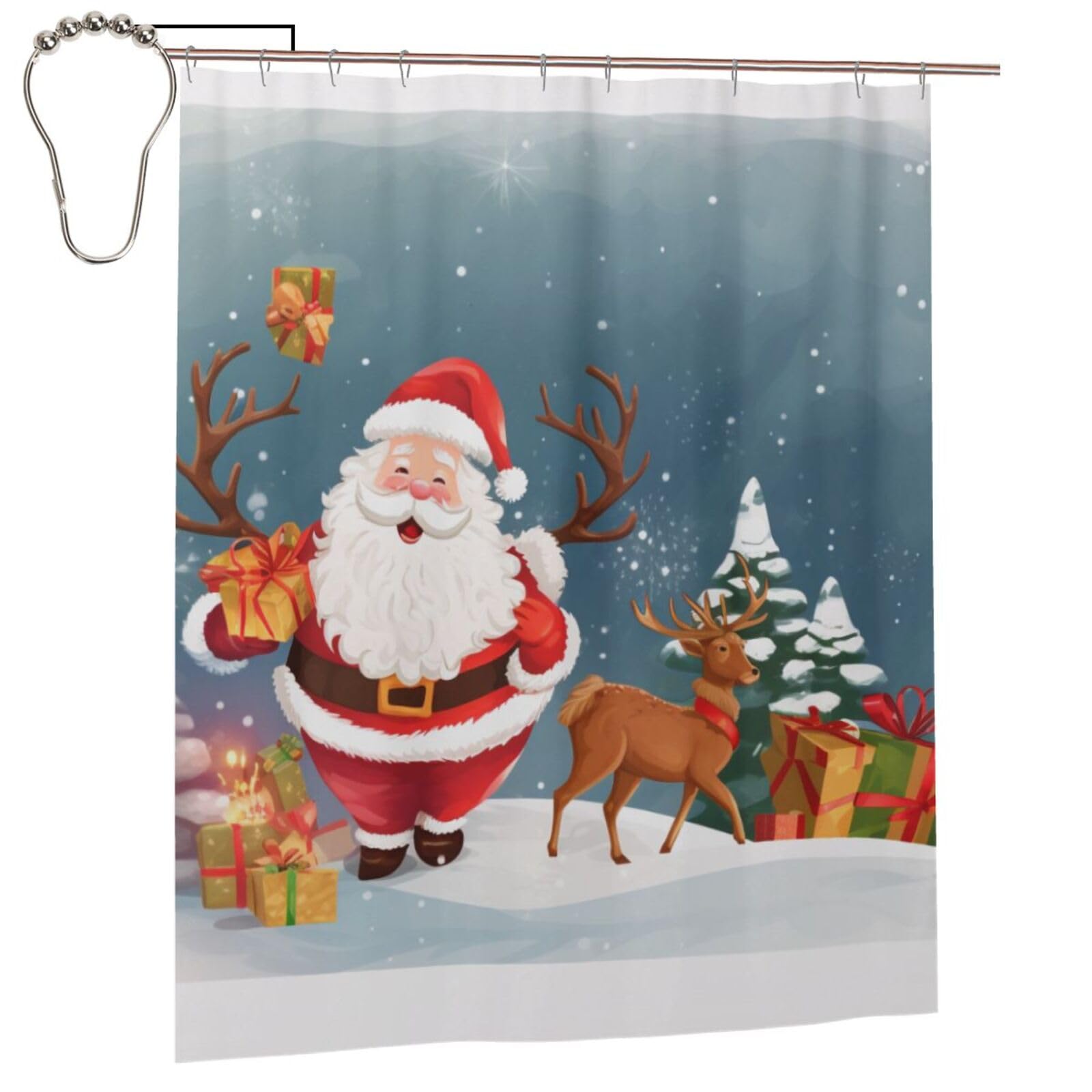 BWWHCCTI Merry Christmas print Printed Shower Curtain With 12 Iron Hooks Opaque Quick Drying Waterproof Shower Curtains Sets For Bathroom 152x183 Cm