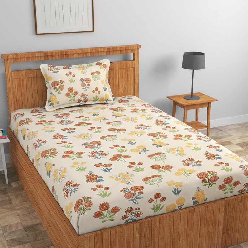 Image of NHD HOME Pure Cotton 180 to 220 tc Flat Single Bedsheets for Summer Breathable | Wrinklefree | Longlastic Super Soft (Size-60 X 90 Inch) with 1 Pillow Covers (Size-17 X 27 Inches, Green Beige)