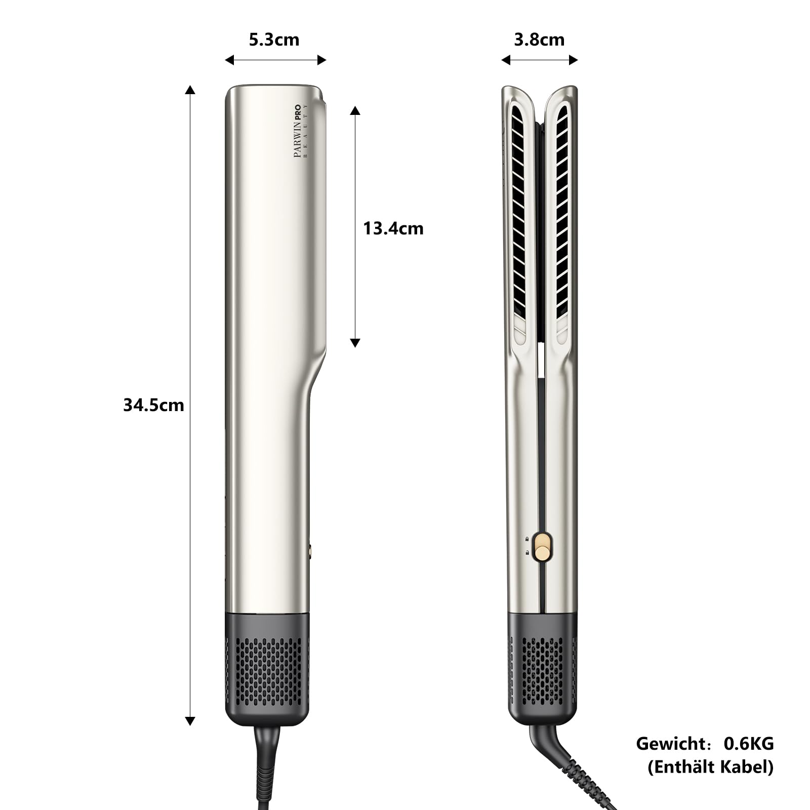 Plancha de aire, plancha de aire iónico PARWIN PRO BEAUTY, mojado en seco, sin placas calefactoras, sin daños térmicos, alisador de aire, para cabello largo y cabello largo (35-75cm)