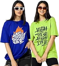 LEOTUDE Women's Cotton Blend Oversized Half Sleeve Printed Combo T-Shirts (Color: Mustard)