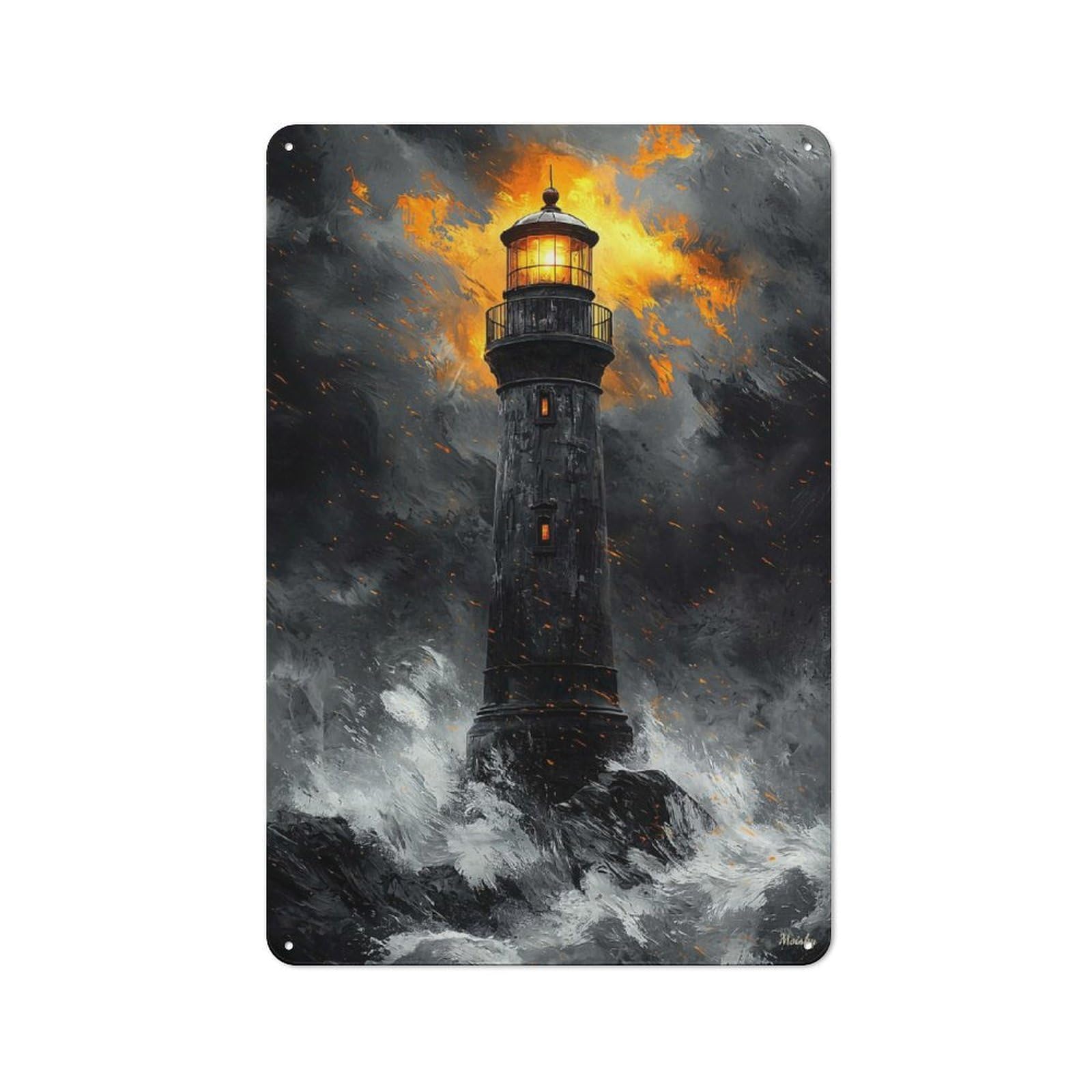 Junmoney Dramatic Lighthouse Amidst Storm In Charcoal Metal Wall Art Sign With Style Design 30X20cm, Vintage Vintage Wall Decor For Living Room, Hallway, Kitchen Or Cafe