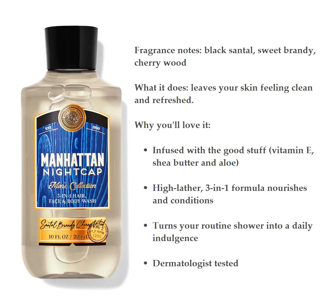 Manhattan Nightcap For Men 3 Product Bundle by Bath Body Works, 3-in-1 Hair, Face and Body Wash, Body Cream and Body Spray
