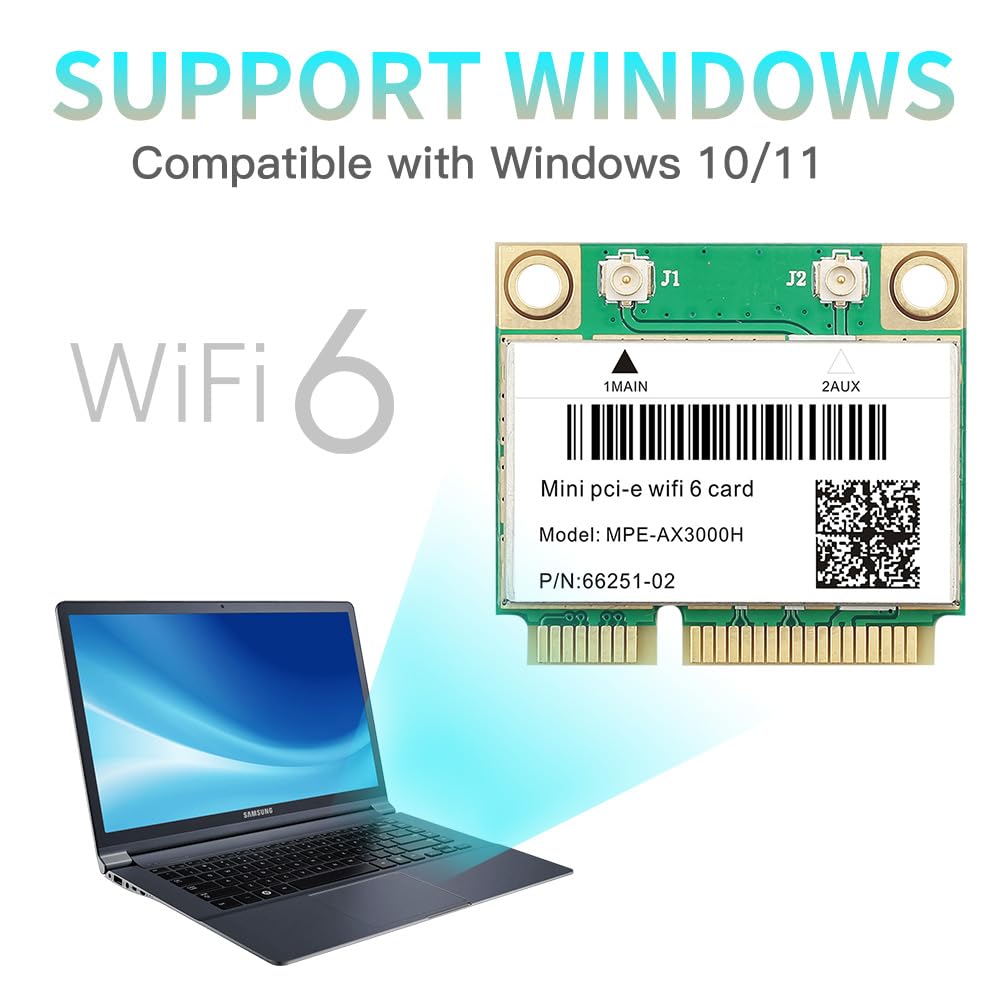 MPE-AX3000H Carte Wi-Fi 6 avec Bluetooth 5.2 PCIe, 574 Mbit/s + 2,4 Gbps AX3000, 160 MHz, OFDMA, MU-MIMO, pour ordinateur portable, faible latence pour jeu/streaming, compatible avec Windows 10/11 64