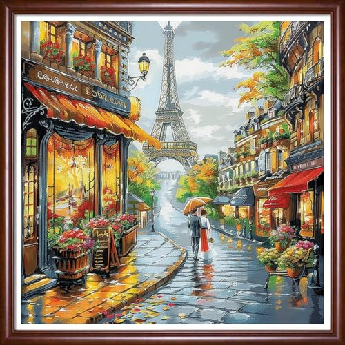 Image of DMCVIVR Stamped Cross Stitch Kits for Beginners Adults Needlepoint Kits for Beginners Embroidery Kits for Adults Crossstitch Kit for Beginners 11CT-Iron Tower Twilight Couple 18x18 inch