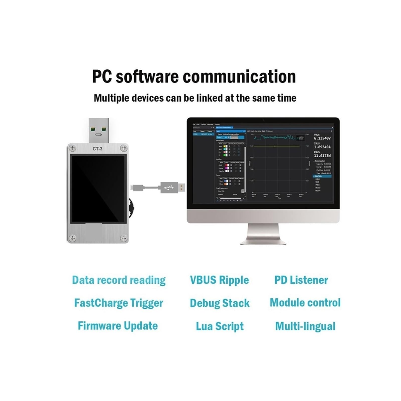 Tester USB 3.1 miernik mocy multimetr cyfrowy tester prądu detektor napięcia Lua interpreter zintegrowany DC 26 V 6 A wygodniejsze wykrywanie (C3)