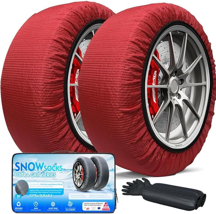 K-Musculo Snow Socks for Tires, Snow Socks Snow for Car SUV Pickup Easy to Use, Ultimate Grip, Washable.100 KM Safely In The Snow, EU EN-16662-1 Certififed(2 PACKS)-Red M