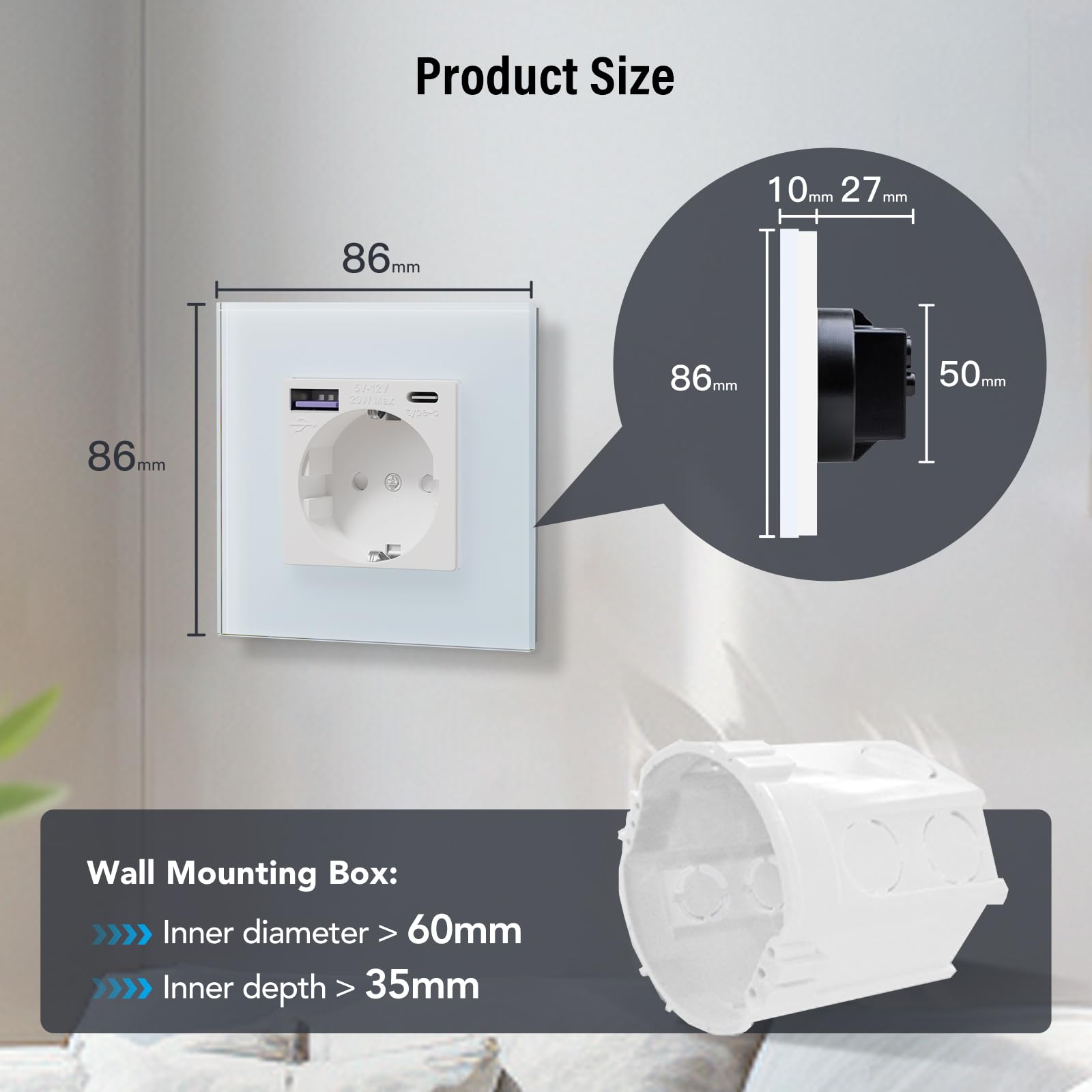 BSEED Enchufe Pared con 20W USB y Tipo C,Enchufe USB C de Cristal,Carga Rápida,3 en 1，Fácil Instalación,1 Enchufe,86mm Blanco — view 7