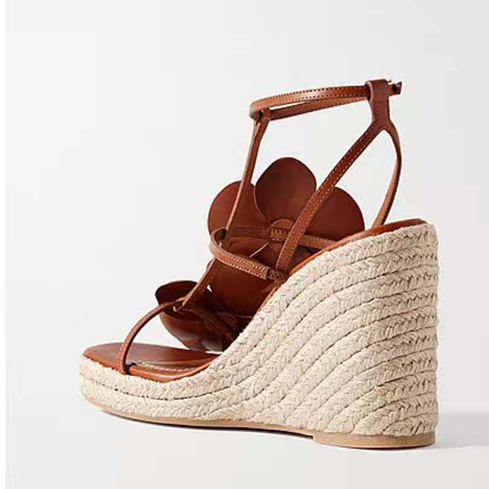 Sandalias de esparto con cuña mujer decoración floral tirante en T hebilla tobillo ajustable plataforma suela gruesa estilo boho playa vacaciones fiesta