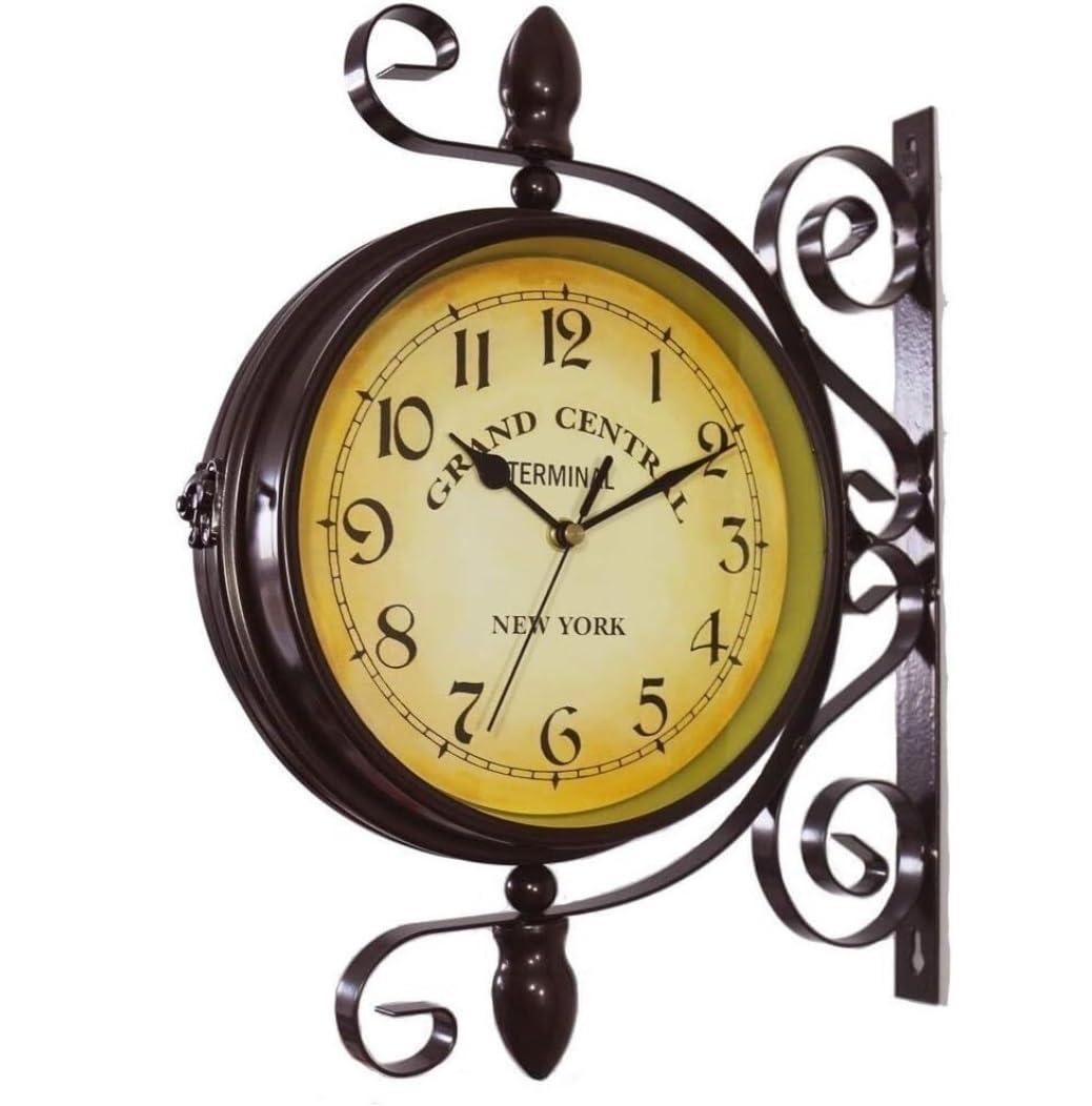 MYUYEE Farmhouse Vintage Clock Home Vintage Double Sided Silent Train Station Clock with Bracket Indoor Ative Clock for Bedroom Office,A-One Size