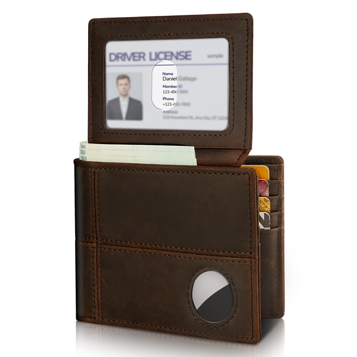 Mens Wallet With AirTag Holder, Bifold Leather RFID Blocking 1-2 ID Windows 12-13 Card Holders, Gift Box and Screen Protector Included, AirTag Not