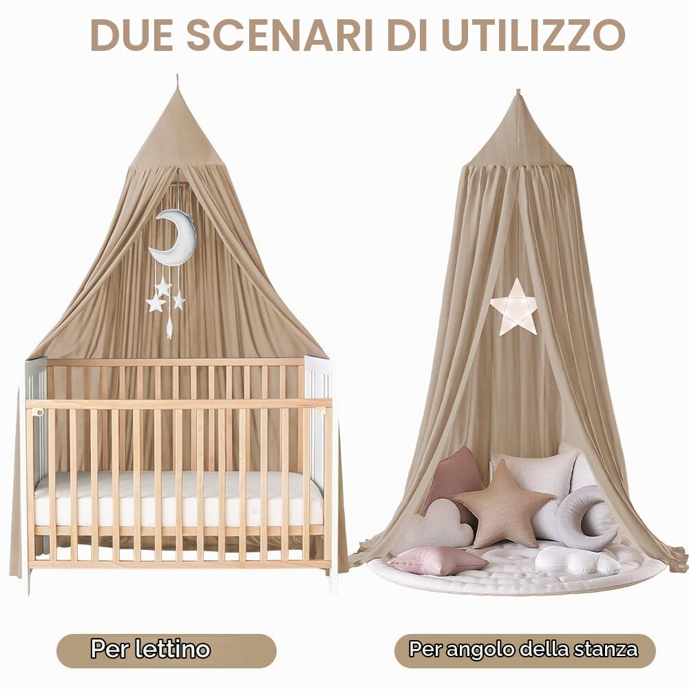 Aolso Baldacchino per bambini e bambine, 245 cm, tenda per letto rotondo, lettino con tenda sospesa, zanzariera, crepe (beige)
