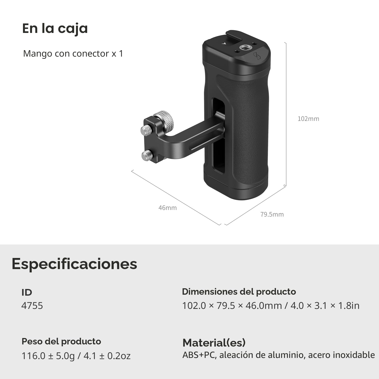 SMALLRIG Mini Manija Lateral para Orificios Roscados de 1/4"-20, Manija Portátil para Cámara para Mano Izquierda o Derecha, Cámara con Zapata Fría Incorporada y Orificio Roscado - 4755