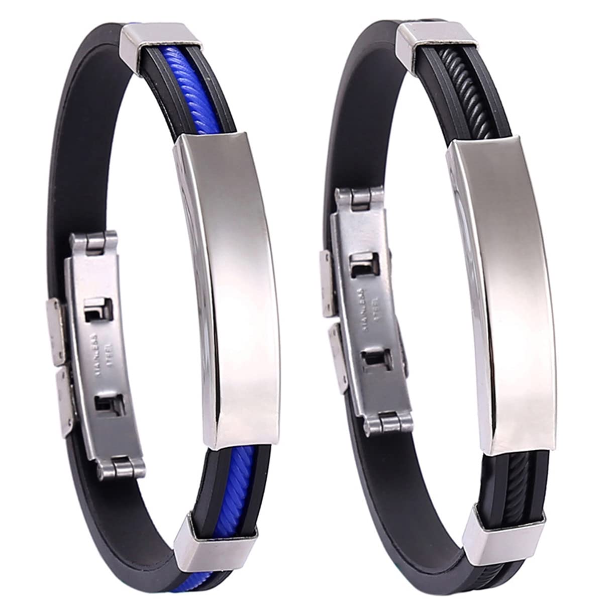 BOBOZHONG Titanium steel silicone bracelet,2PCS Simple Bracelet Titanium Men's Adjustable Bracelet Silicone Wrap Bracelet Stainless Steel Cuff Bracelet