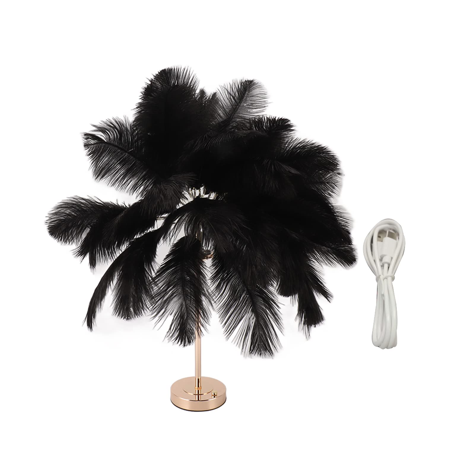 Gsycle Ostrich Feather Table Lamp Rechargeable Modern Romantic Decoration Lamp Bedroom Bedside Lamp for Home Decoration (Black)