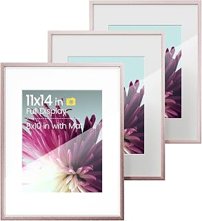 Heimlove Aluminum Metal 11x14 Frames with Mat to Display 8x10 Picture Set of 3,Pink Picture Frames & Real Tempered Glass for Hanging Diploma,Certificate and Doc