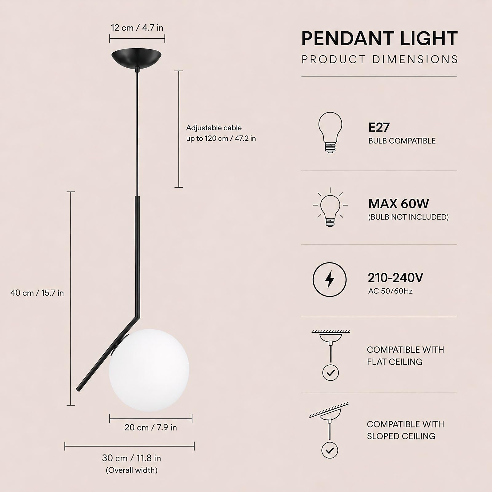Lámpara Colgante Moderna de Vidrio Globo de Vidrio Opalino Acabado Metálico E27 Hanging Light Cable Ajustable 120cm para Isla de Cocina Comedor Dormitorio Cafetería (Negro, 20cm)