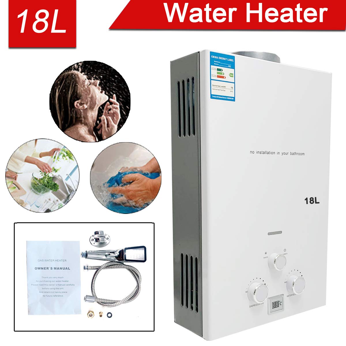 18 litros Calentador de agua a Gas GLP Butano Propano 18 L 36KW Para el la casa Viaje Caravana Barco Camping Coche