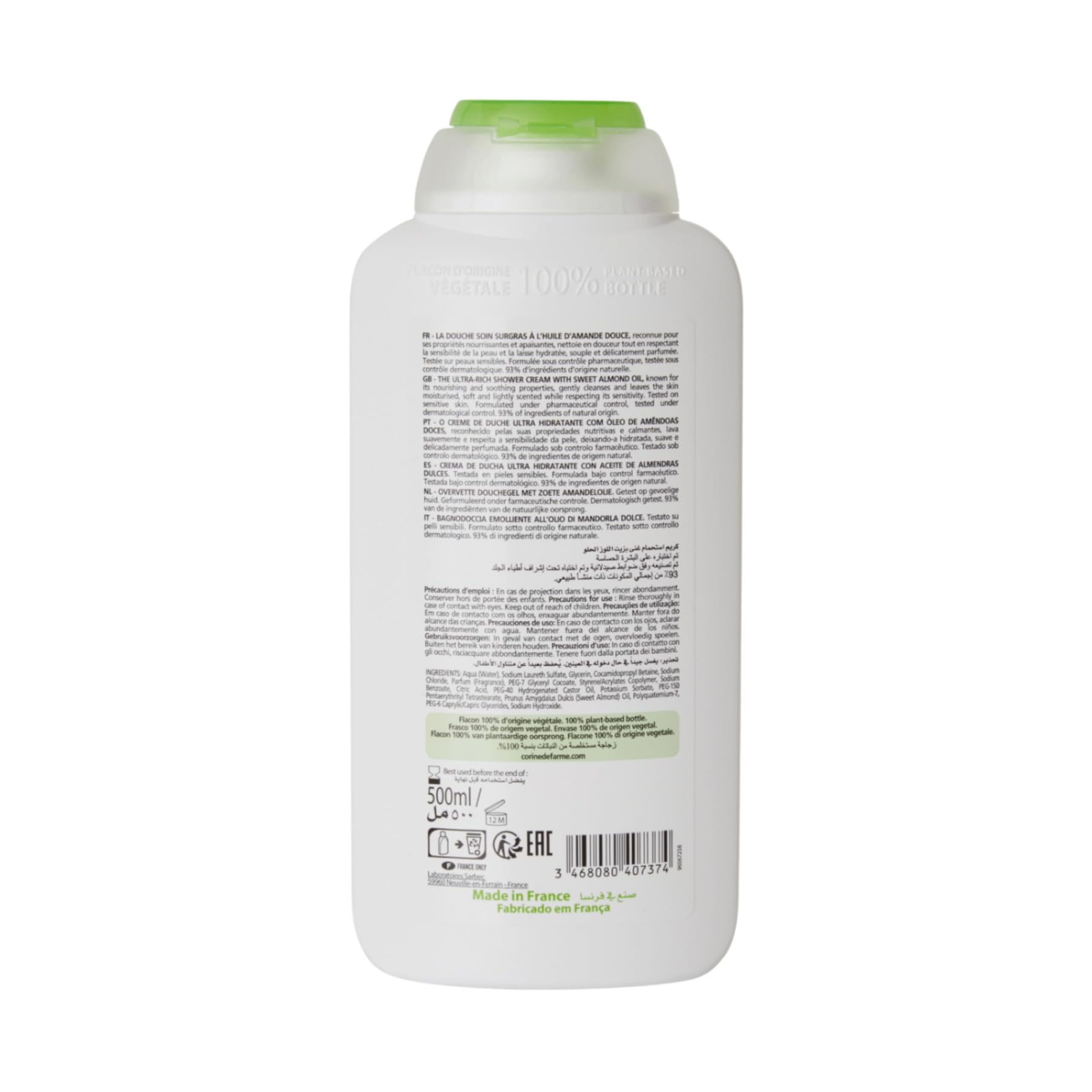 Corine de Farme, Douche Soin Surgras à l'Huile d'Amande Douce, Gel Lavant pour le Corps Enrichi en Huile d'Amande Douce, Nourrit et Apaise les Peaux Sèches et Mixtes, Flacon Recyclable - 500ml