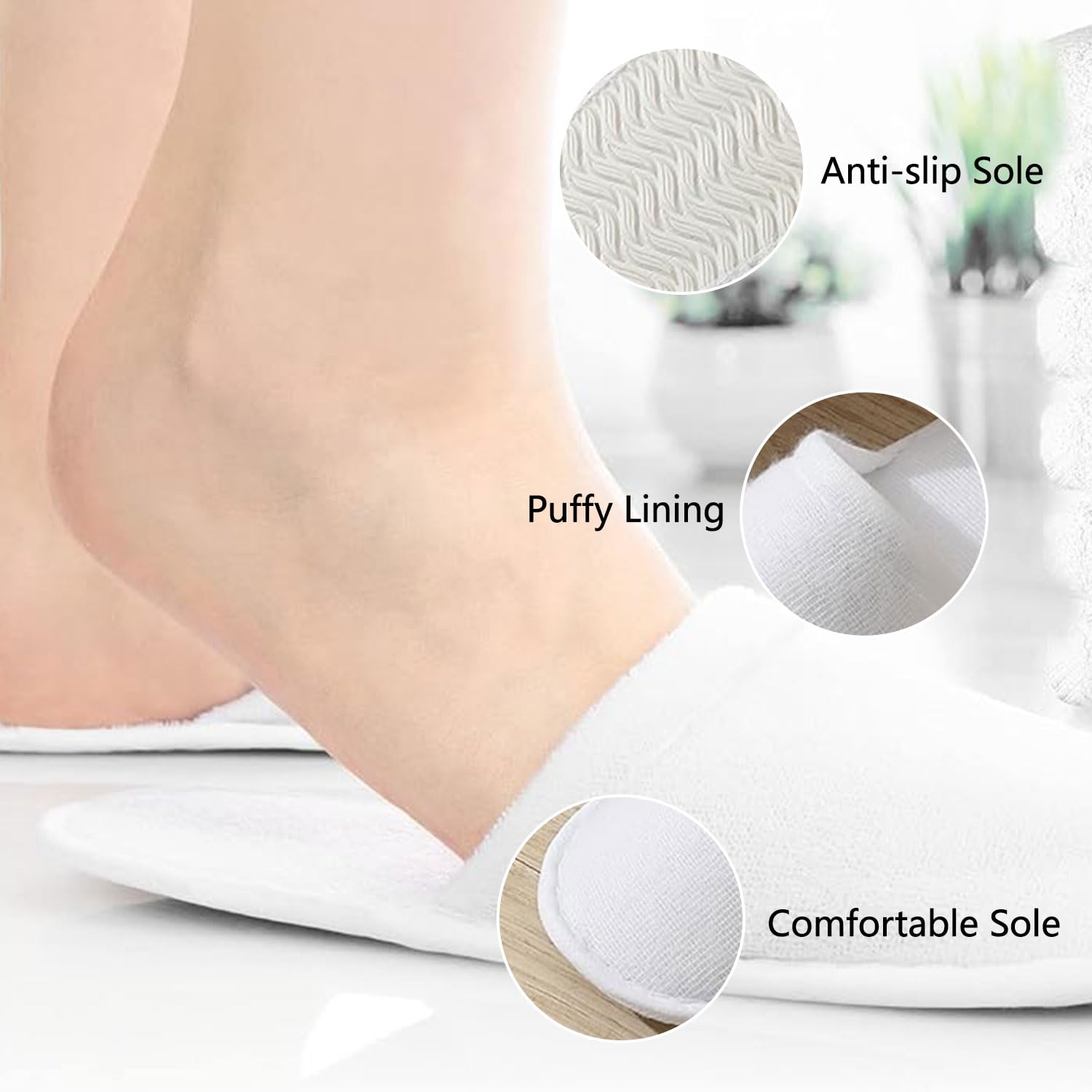 Pantofole Usa e Getta Antiscivolo, Pantofole Chiuse, Pantofole in Spugna Premium, Ciabatte Monouso per Hotel, Spa, Casa, Viaggi, Feste, Famiglie, Unisex, Lavabili, Misura Universale, 2 Paia (Bianco)