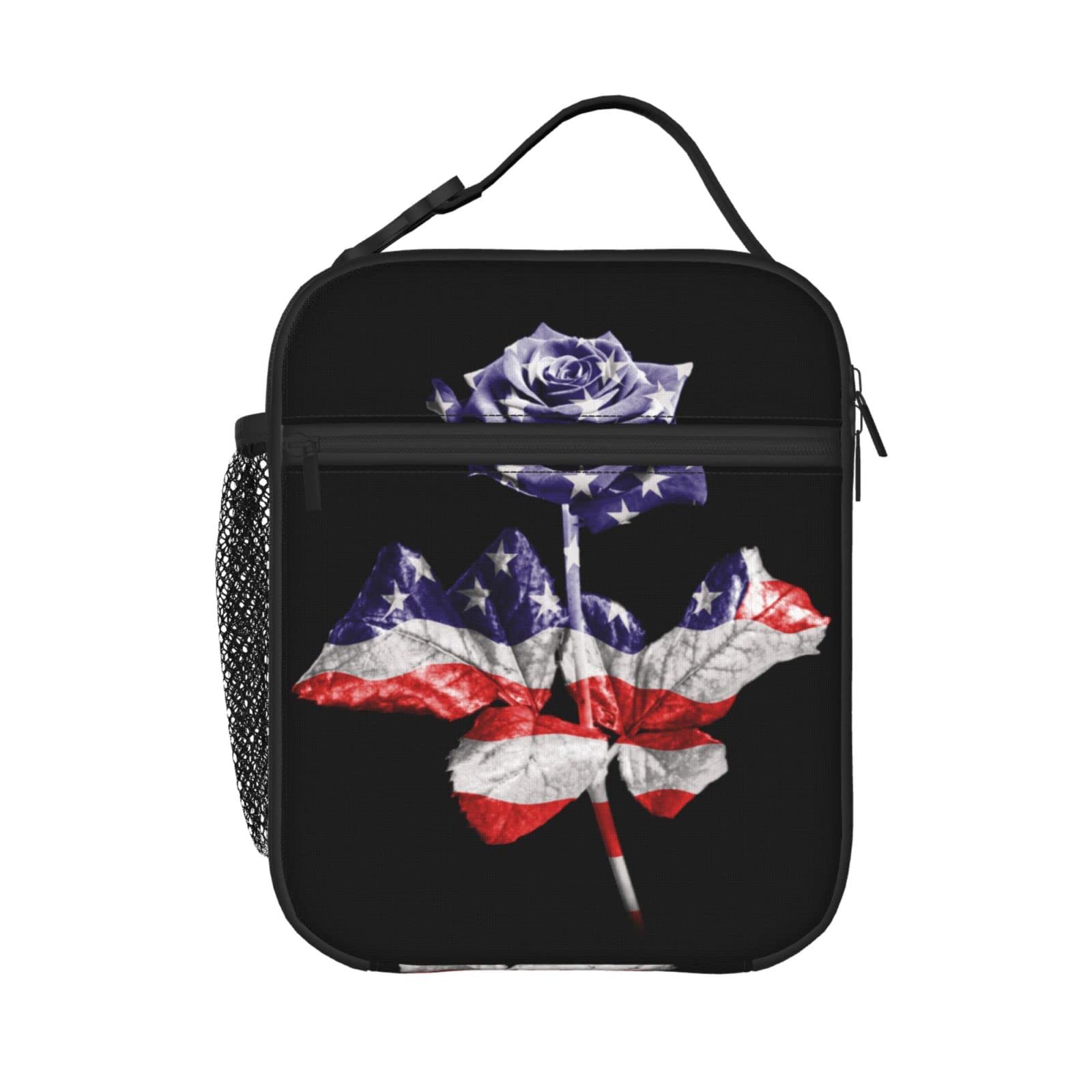 PrelerDIY American Flag Rose Lunch Box - Insulated Lunch Bags for Women/Men/Girls/Boys Detachable Handle Lunchbox Meal Tote Bag
