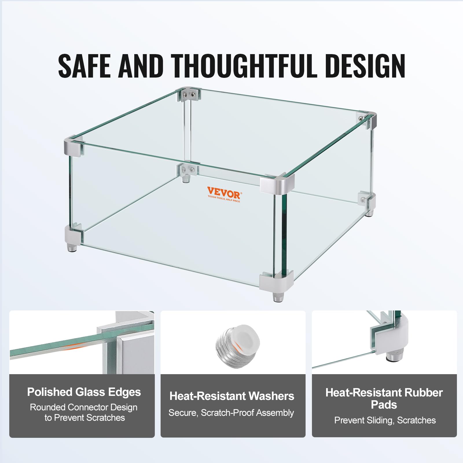 VEVOR Pare-vent pour Foyer à Gaz, 380x380x180 mm Pare-vent en Verre Trempé pour Brasero Écran de Protection Carré Pare-flamme Robuste Coupe-vent Stable Épaisseur 8 mm avec Support de Coin Dur et Pieds