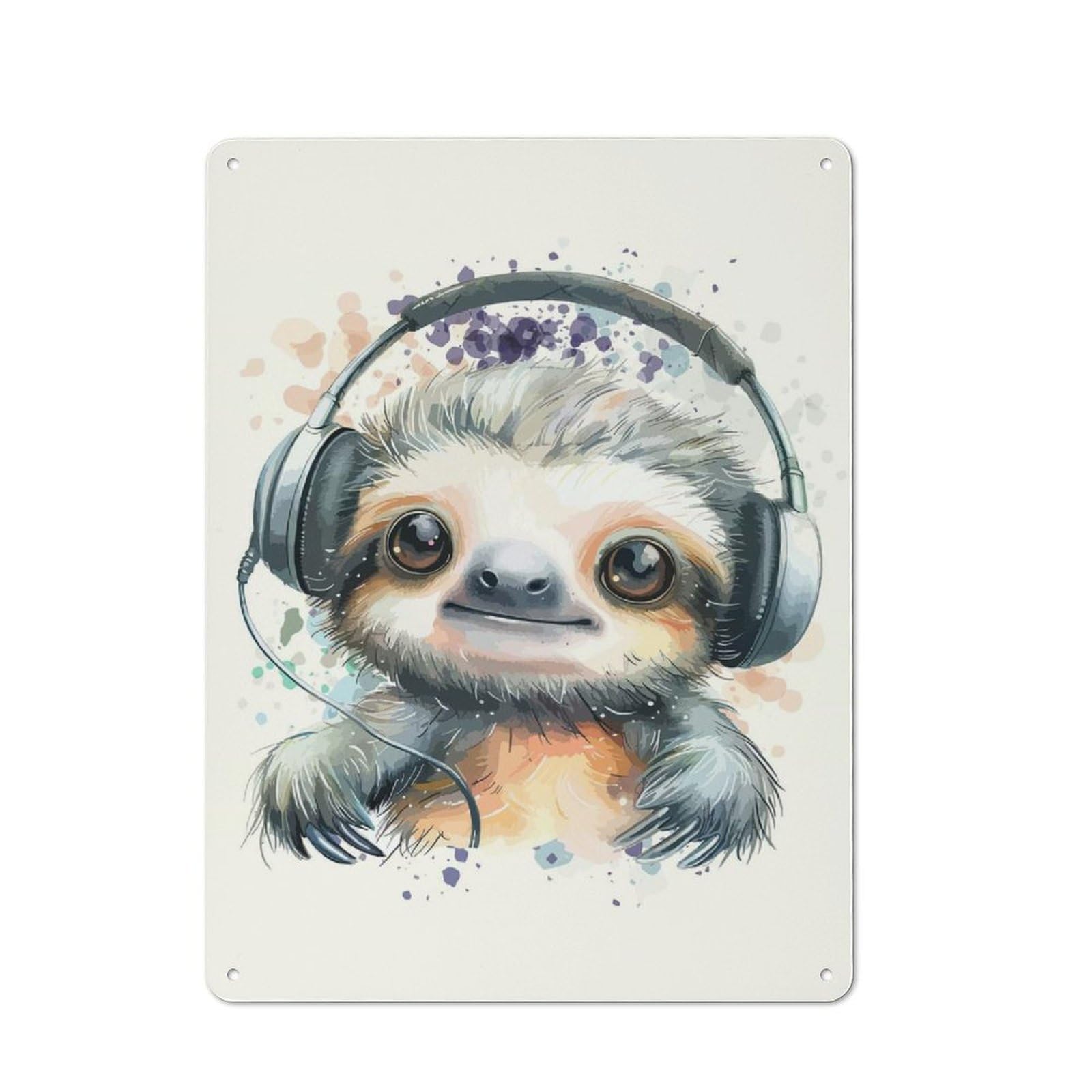Junmoney Style-10 Modern Retro Metal Wall Art Sign 40X30cm Featuring Cute Sloth With Headphones, Urban Room Decor For Workspace, Cafe, Hallway Or Garage