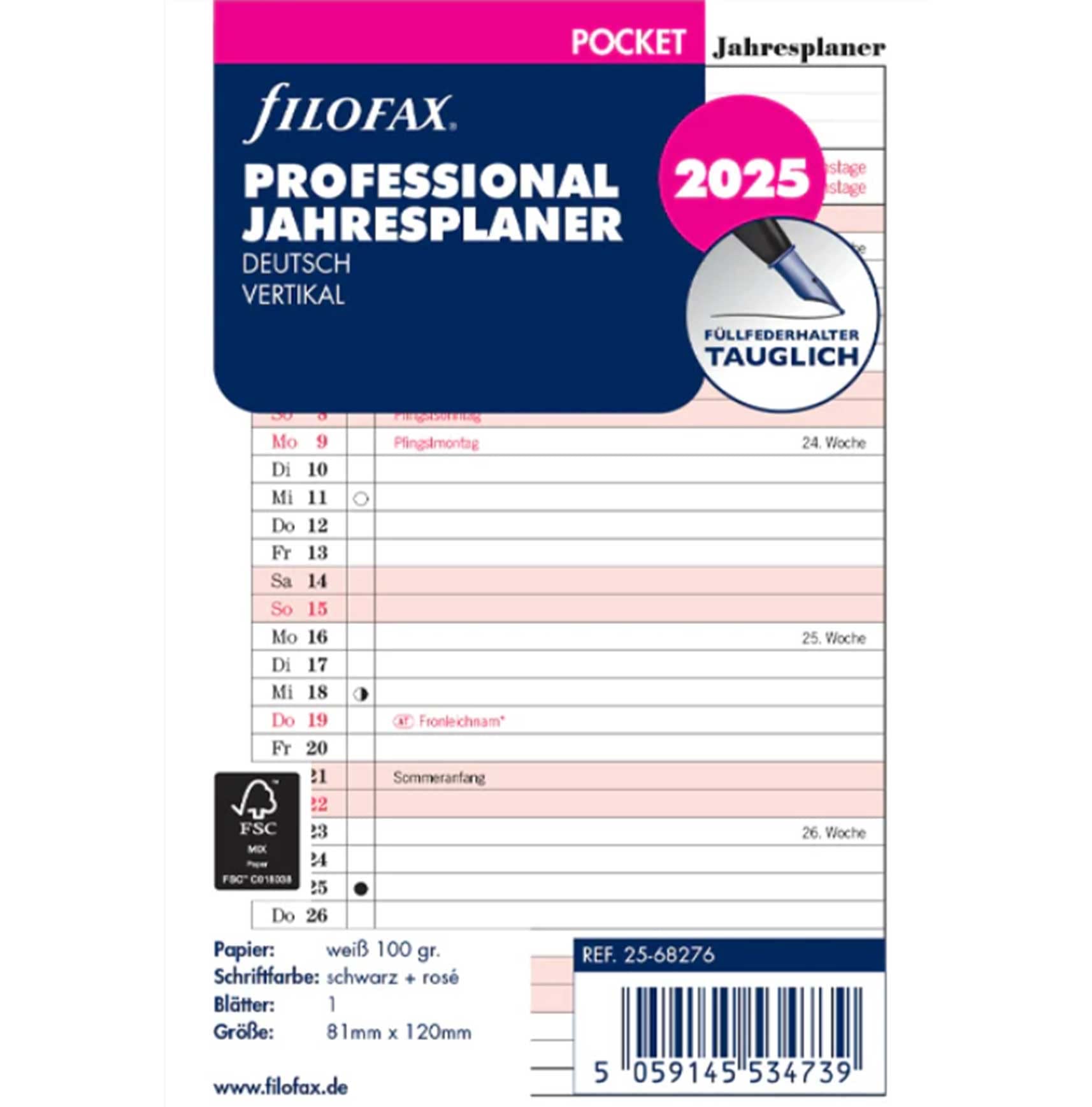 FILOFAX Pocket Professional Year Planner Calendar Insert (German) 2025, pastel tints