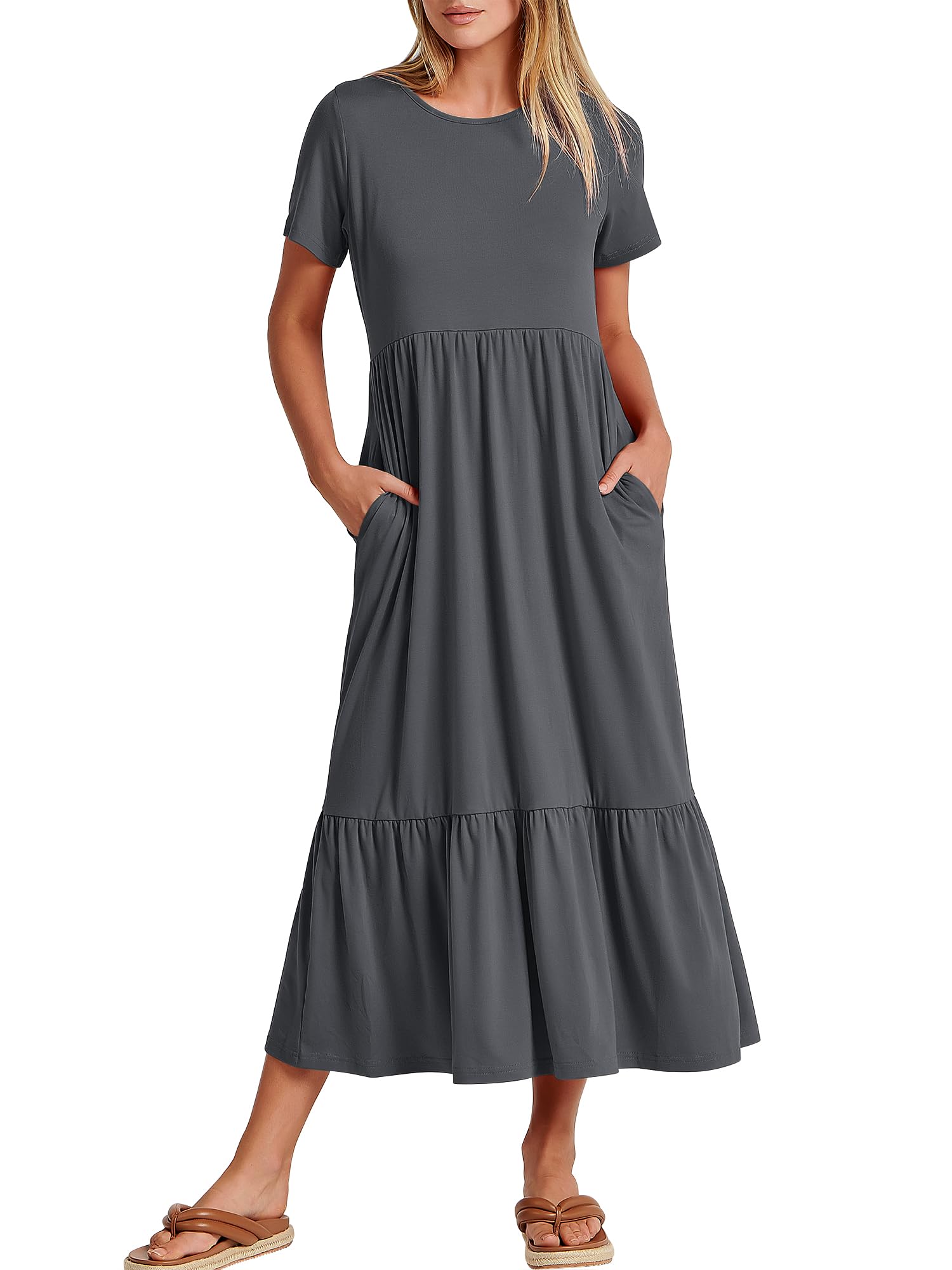 ANRABESS Womens 2025 Summer Casual Maxi Dress A line Tiered Flowy Short Sleeve Crewneck T Shirt Beach Travel Long Dresses