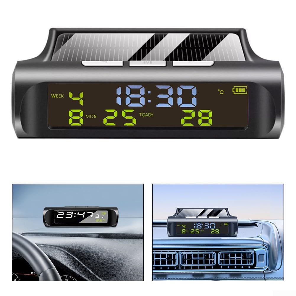Termómetro digital para coche, reloj solar para coche, termómetro digital, pantalla automática, soporte para tablero de instrumentos para oficina, uso doméstico, color negro