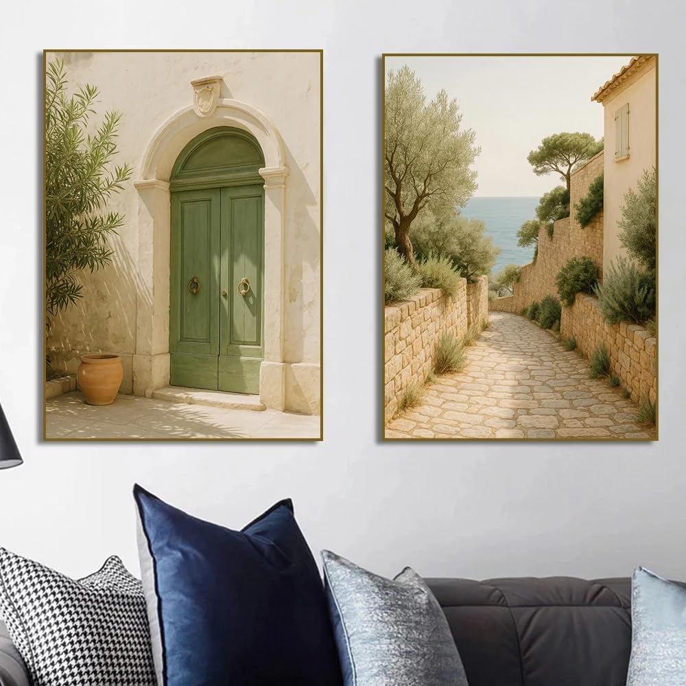 GKUVBF Mediterranean Stairway Rustic European Tuscan Village Stone Archway Olive Tree Poster Canvas Painting Print Wall Art Home Decor(20x30cmx2/Frameless)