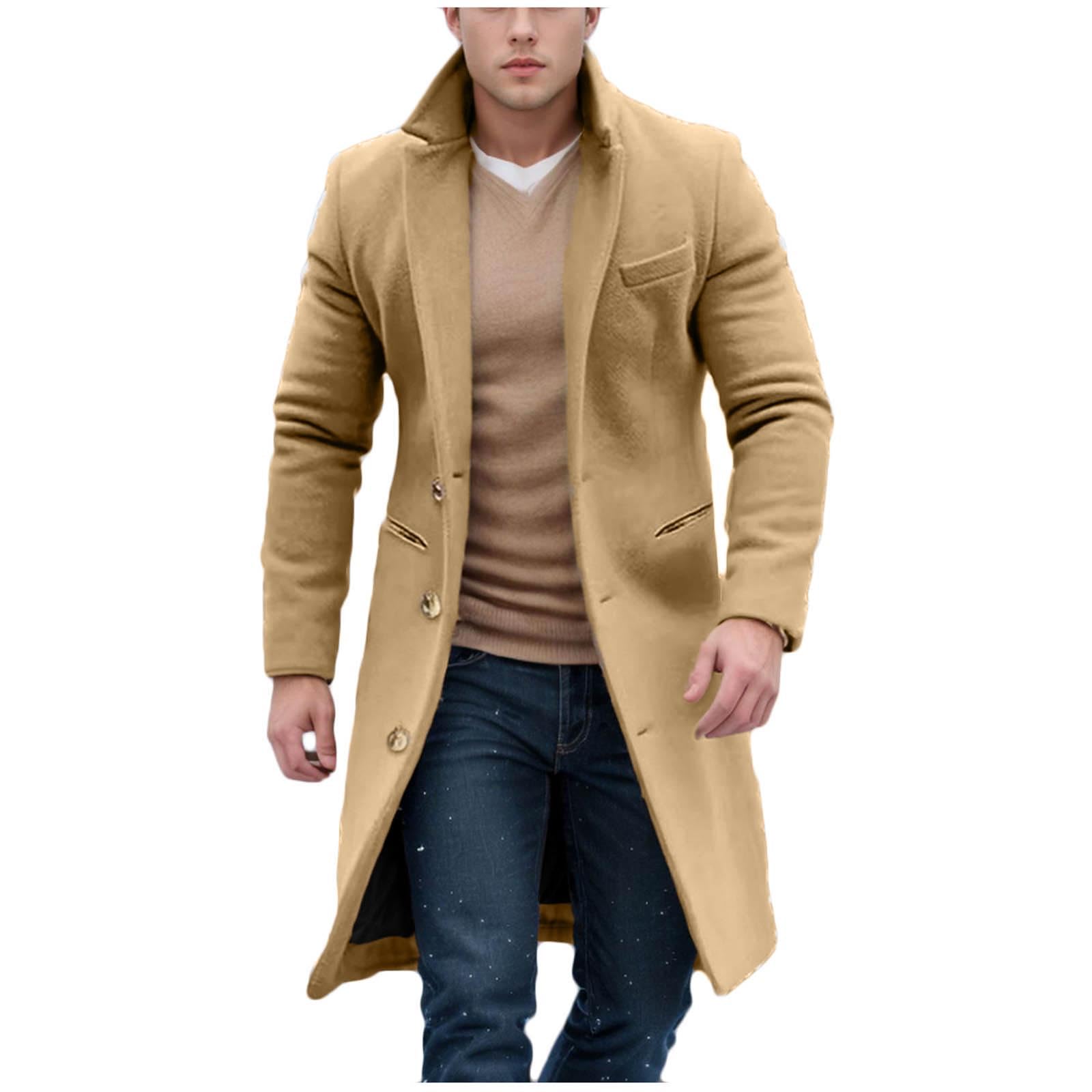 Dgoopd Mens Trench Coat Single Breasted Pea Coat Big and Tall Wool Coat Notch Lapel Jacket Business Casual
