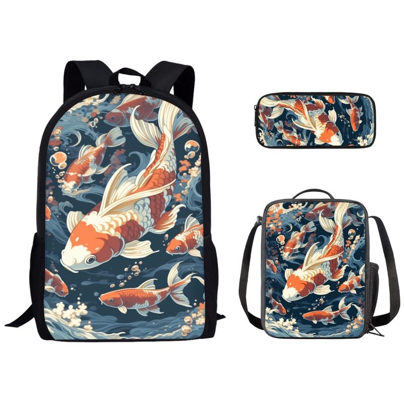 Daulesho Japanese Koi Carps Teen School Backpack Red White Cartoon Carps Kids Bookbag Set with Lunch Box Pen Case Set Luck Clouds Koi Carps Children
