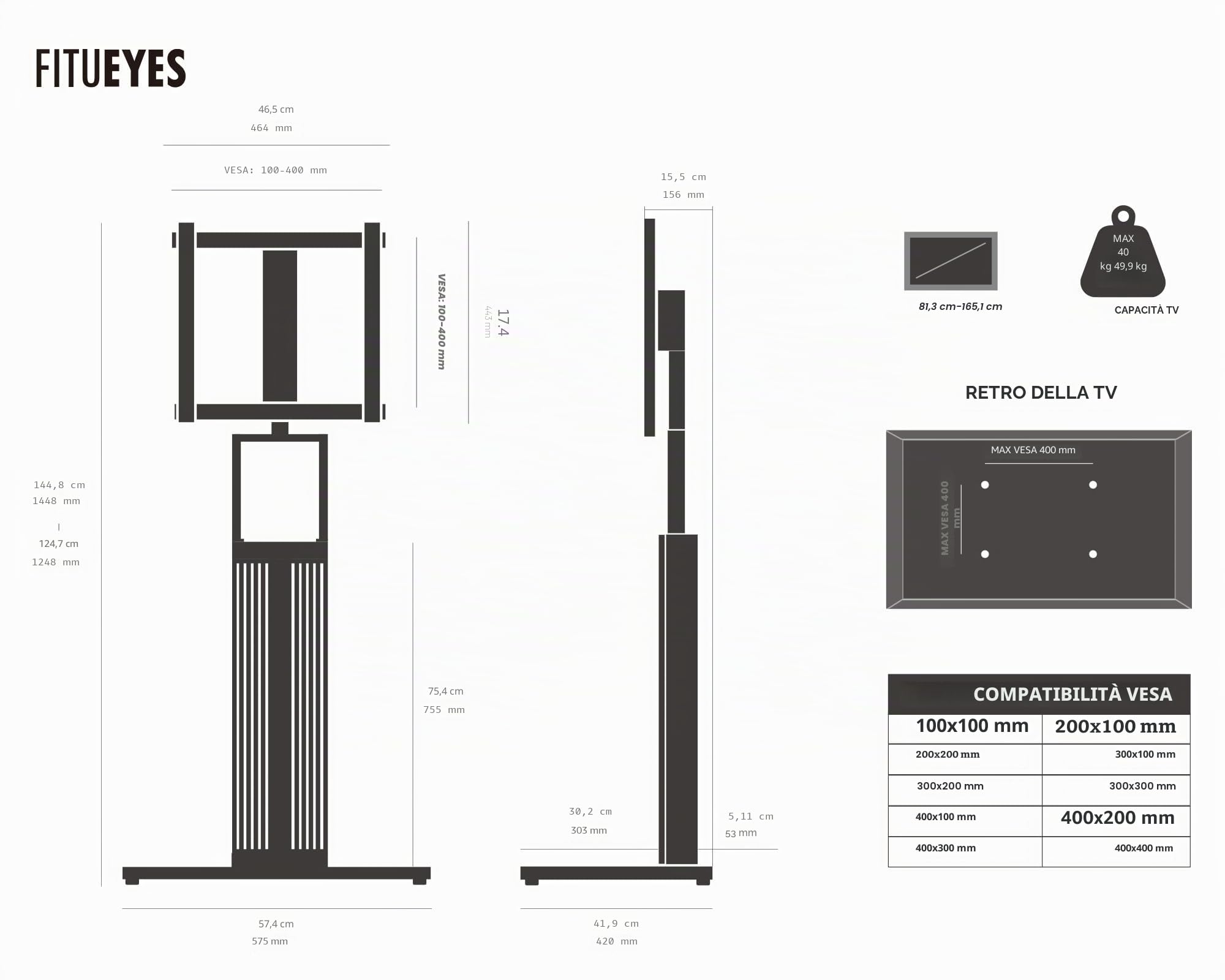 FITUEYES Supporto TV da Pavimento per 32" - 65" Regolazione Angolo ± 30° Porta TV da Terra Mobile Portata Massima 40 kg Massimo VESA 400 * 400mm Serie ZEN