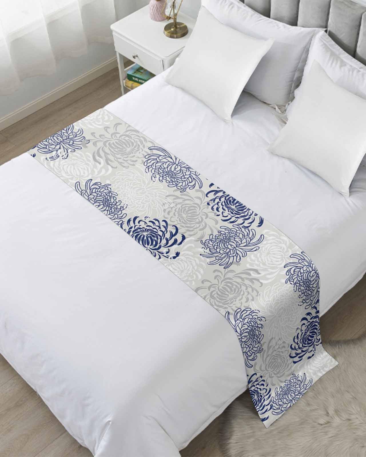 Twin Bed Runner Boho Ombre Blue Chrysanthemum Bedding Runner Scarves Decorative Bed Scarf, Abstract Blossom Floral Soft Bedding Scarf for Bedroom Hotel Wedding 71x20in