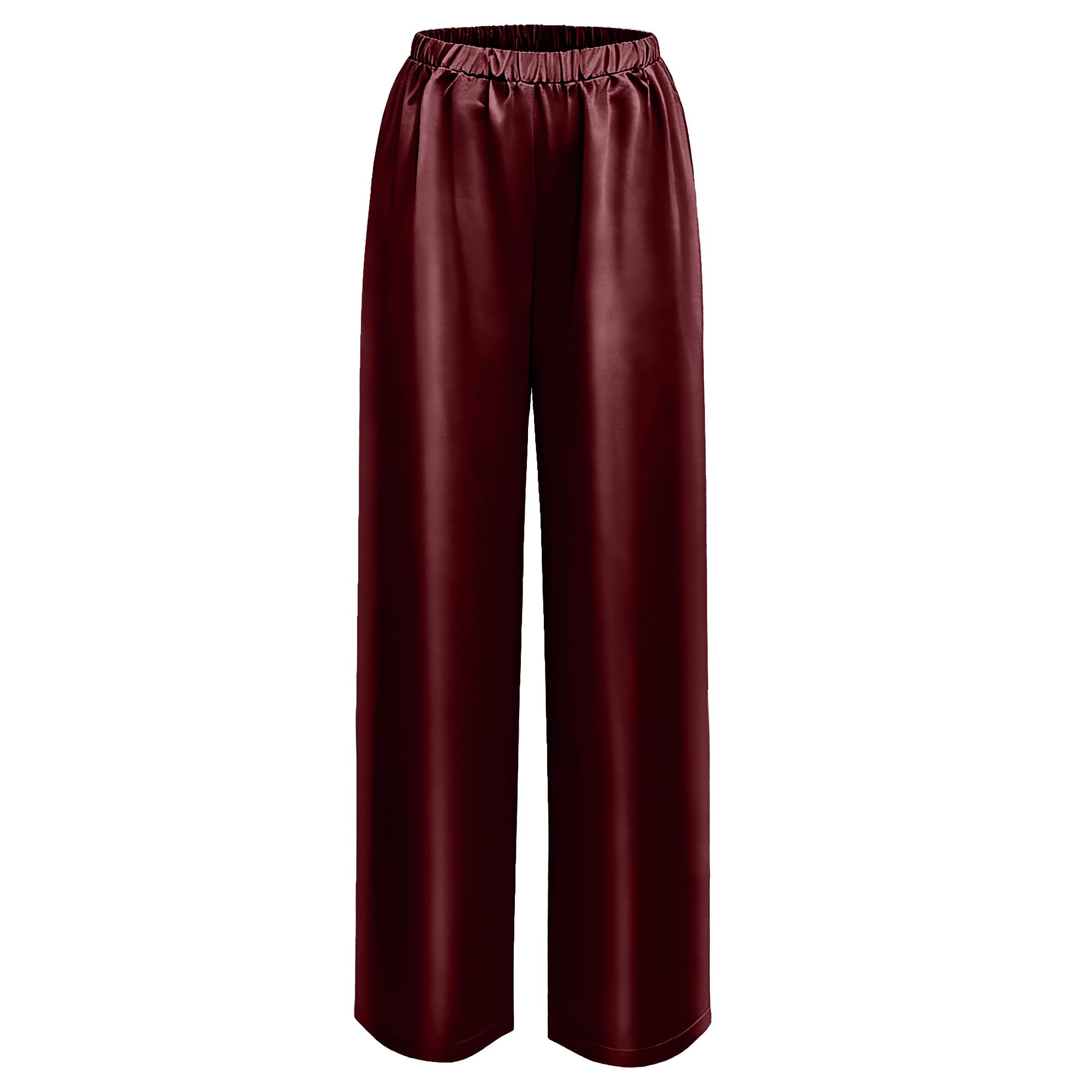Womens Metal Shiny Pants Silk High Waisted Elastic Waistband Casual Drape Trousers