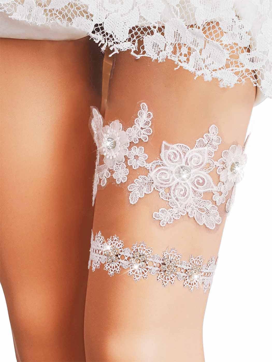 Floral Crystal Wedding Garters Rhinestone White Lace Garter Stretch Bride Bridal Prom Party Leg Garter Set for Women(Pack of 2)
