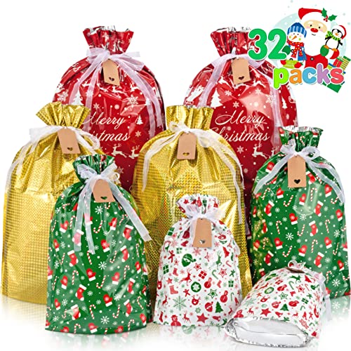 Tiblue Christmas Drawstring Gift Bags, 32 PCS Stand Up Xmas Bags ...