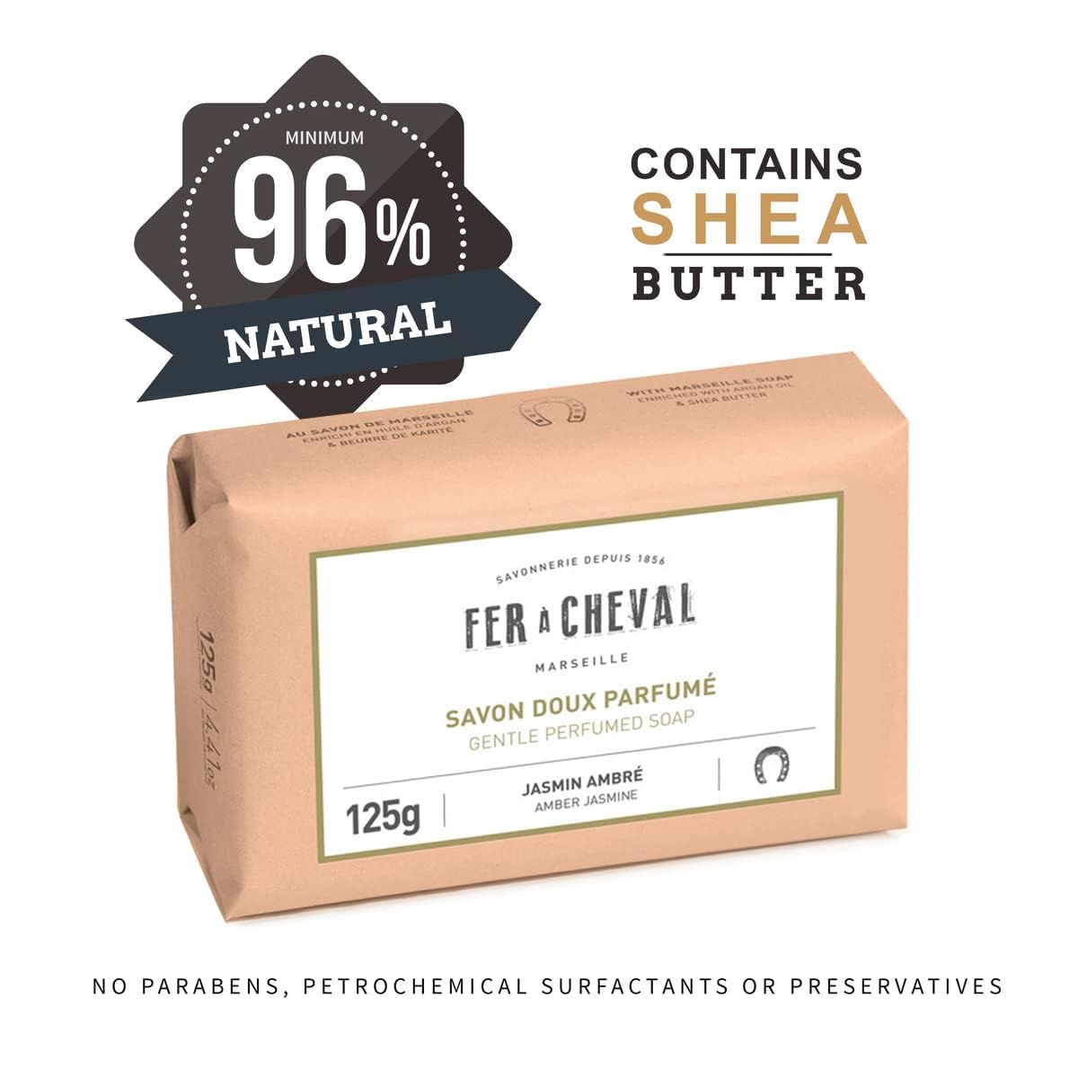 Fer à Cheval Gentle Perfumed Soap Bars, Organic Body Bath Soap, Moisturizing Natural Bar Soap for Men and Women, 125 g/4.41 oz, Pack of 2 - Amber Jasmine