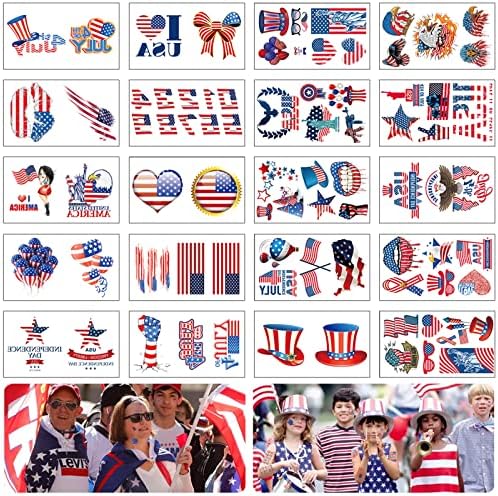 Fourth of July Temporary Tattoos,Independence Day,4th of July,Patriotic Temporary Tattoos for USA Party Favors Decoretions Accessories,American Flag Red White & Blue Design,USA Stickers for Labor Day Memorial Day Party Supplies Set,American Flag Stars Peace Love & More