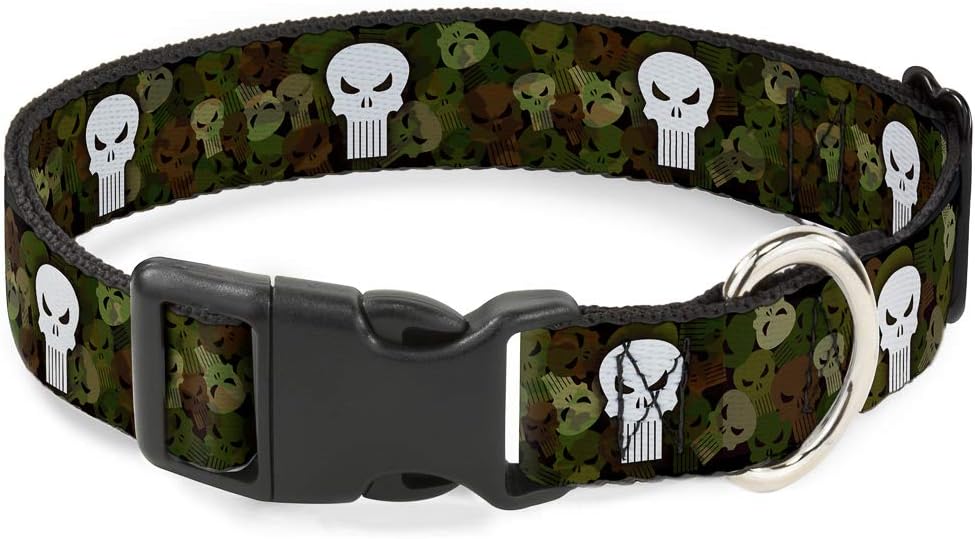Dog Collar Plastic Clip Punisher Logo4 Stacked Repeat Camo Olive White 11 to 17 Inches 1.0 Inch Wide