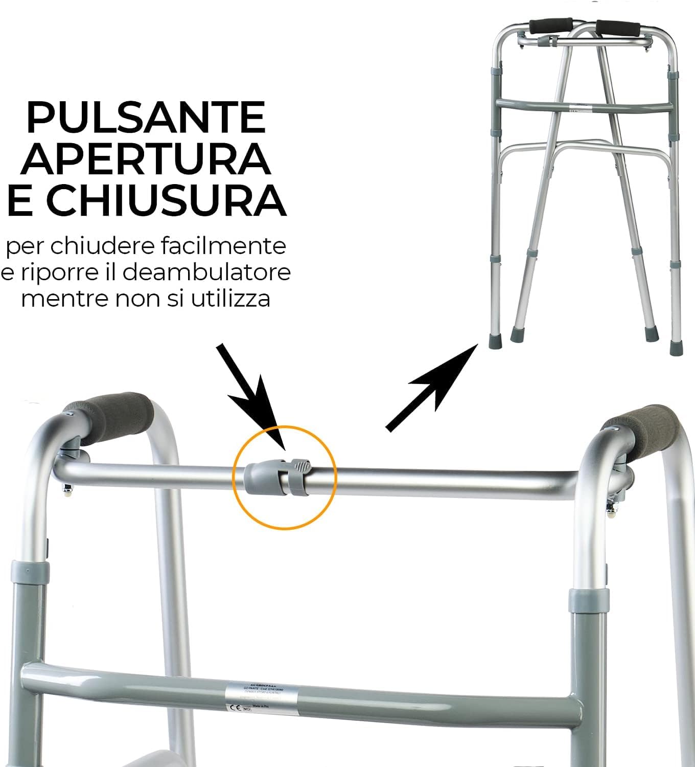 Salute Solare - Deambulatore pieghevole, regolabile in altezza con 2 ruote piroettanti e 2 puntali (Autofrenante)