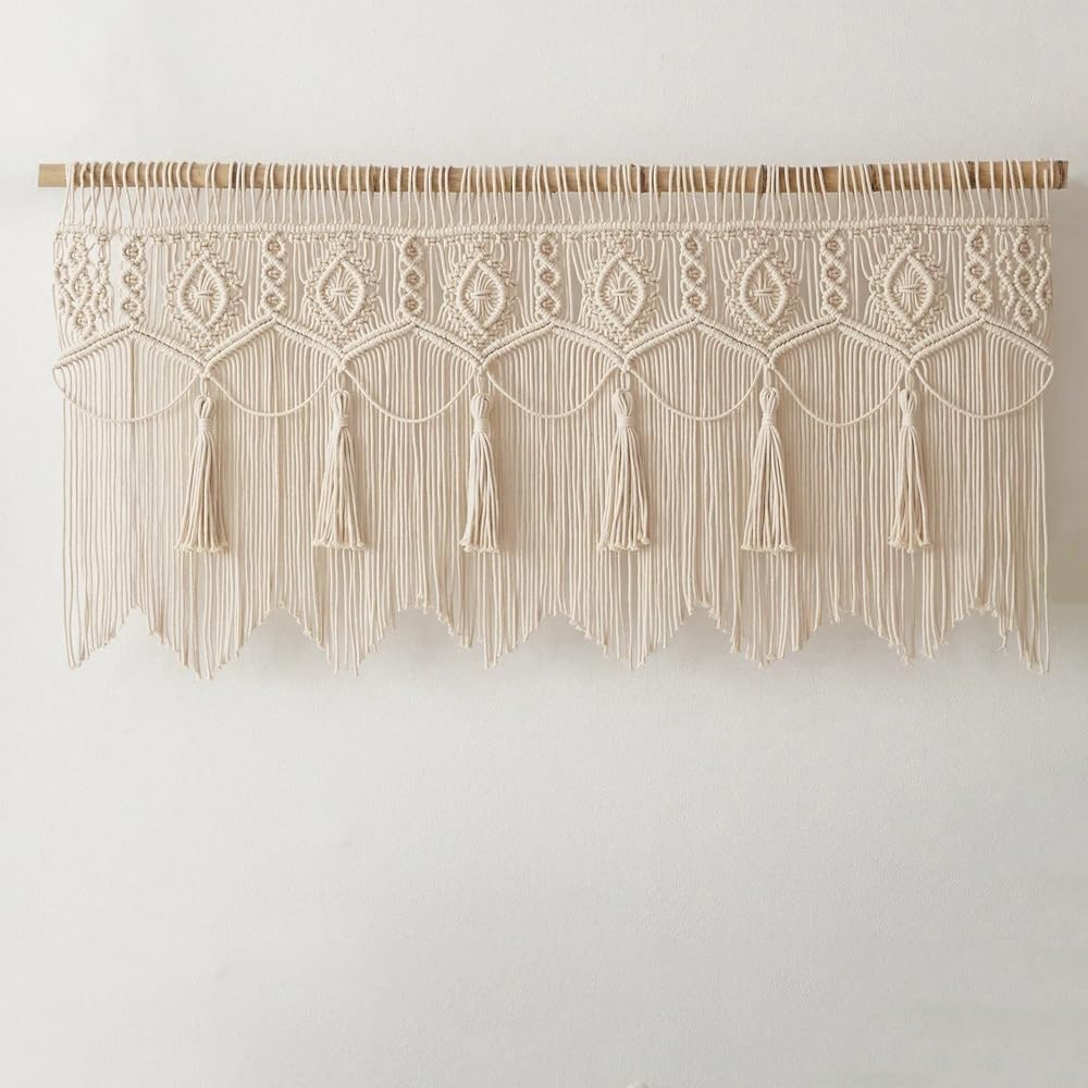 Rideaux en macramé beige bohème avec pompons tissés à la main - Rideau de porte de cuisine moderne pour balcon et suspension murale