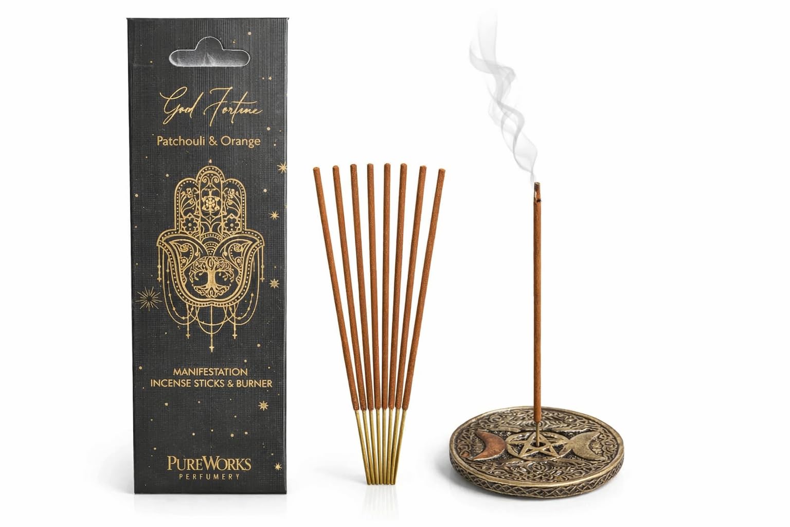 Jrose Collections Black Pureworks God Fortune Incense Sticks With Burner – Patchouli & Orange Fragrance – 12 Aromatic Sticks – Manifestation & Meditation Home Fragrance Set