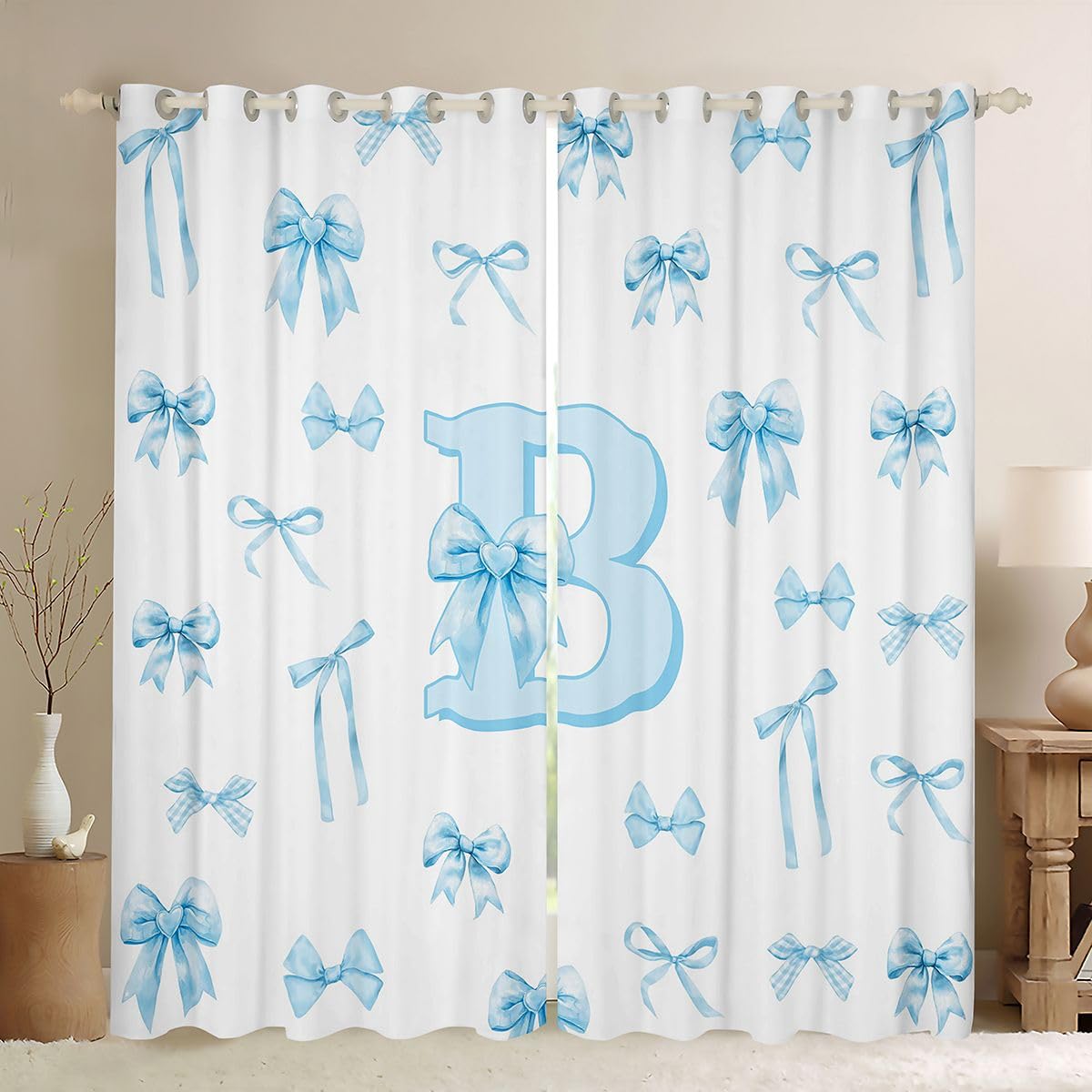 Rideau lettre initiale B monogrammée de haute qualité lin et bleu