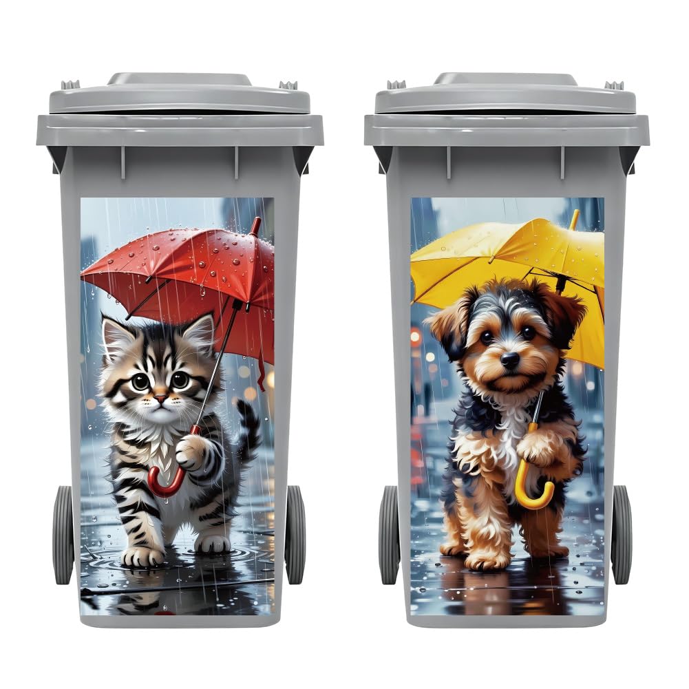 Peacoblue Wheelie Bin Stickers 2 Sheets Stray Pets Holding Umbrella in Rain Sticky Dustbin Stickers Decals, 15"x 32" Waterproof Large Wraps for Trash Cans Bins Garden Outdoor Indoor Patio Decor